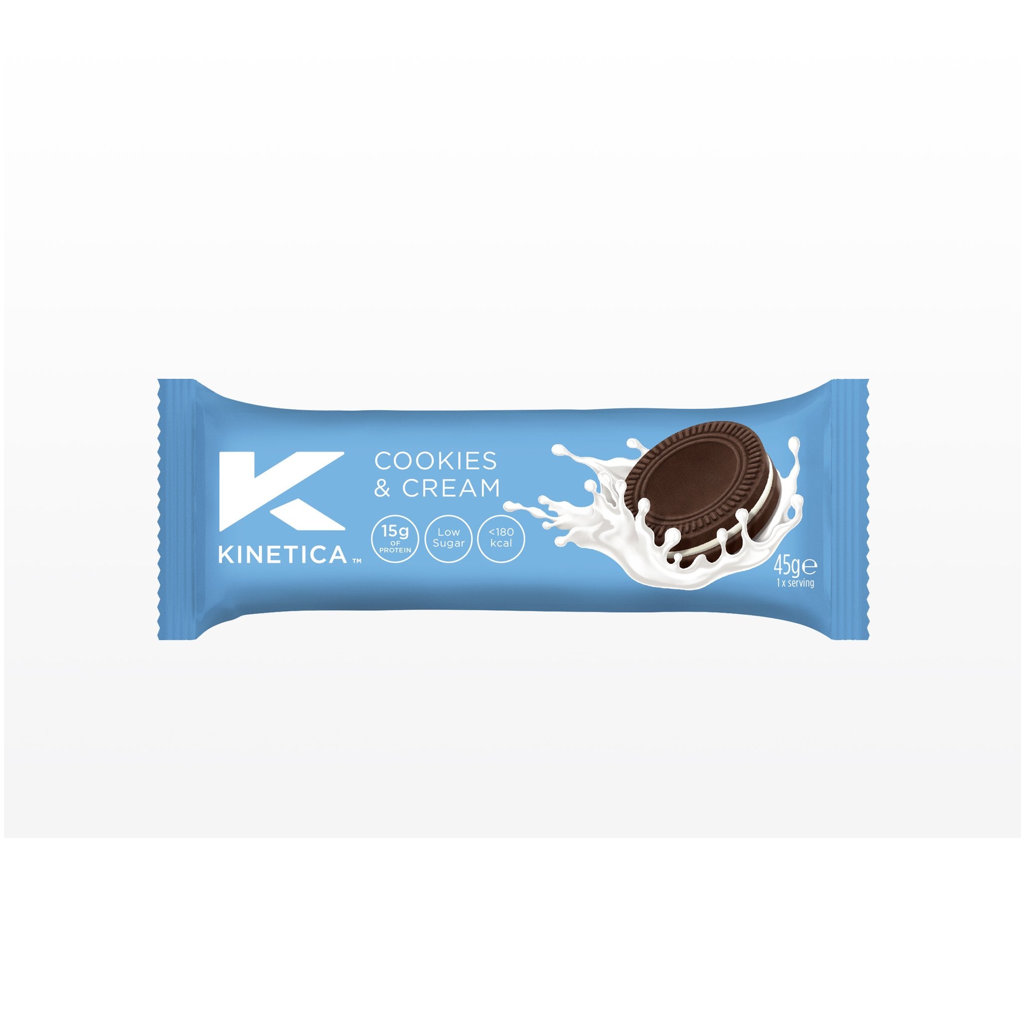 Kinetica protein bar, cookies and cream protein bar, high protein, 14g protein.